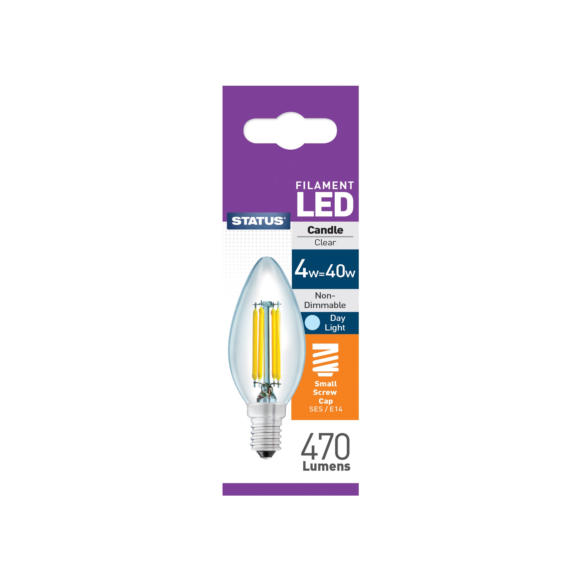 Status Filament LED Candle Clear Bulb - 4w = 40w - Small Screw Cap - SES/E14 - Day Light (4SFCDE14C1B10)