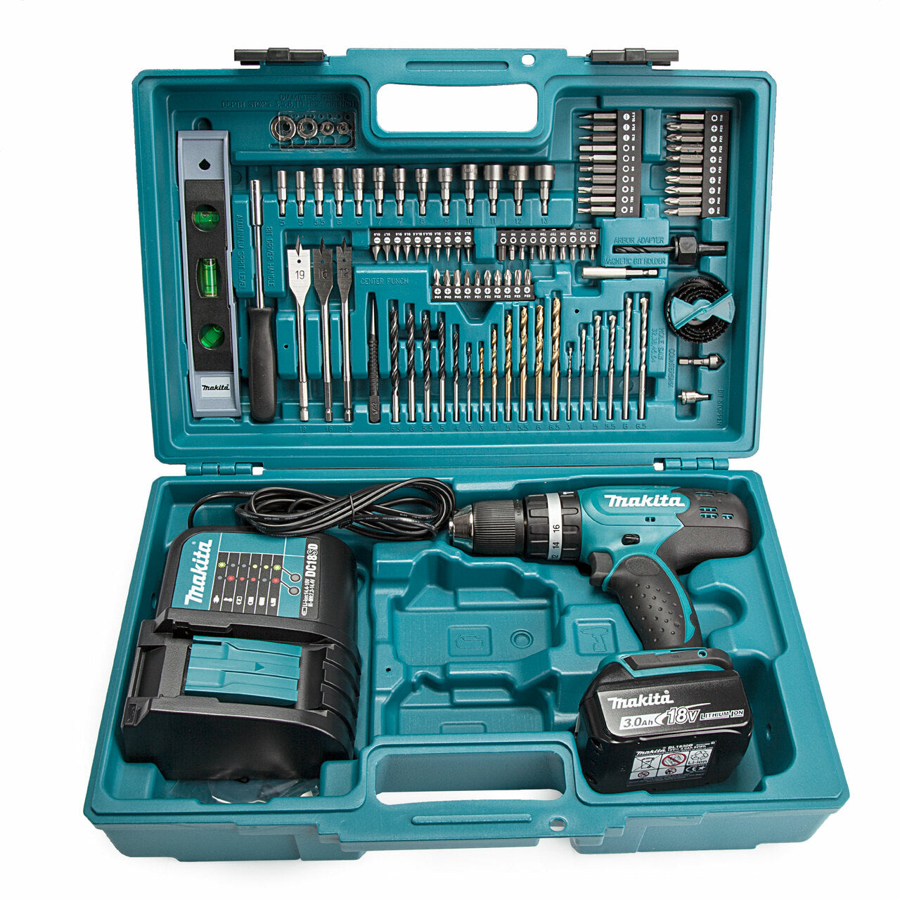 Makita DHP453 18V Li-ion Combi Drill with 101 Piece Accessory Set with 1 x 3.0Ah Battery