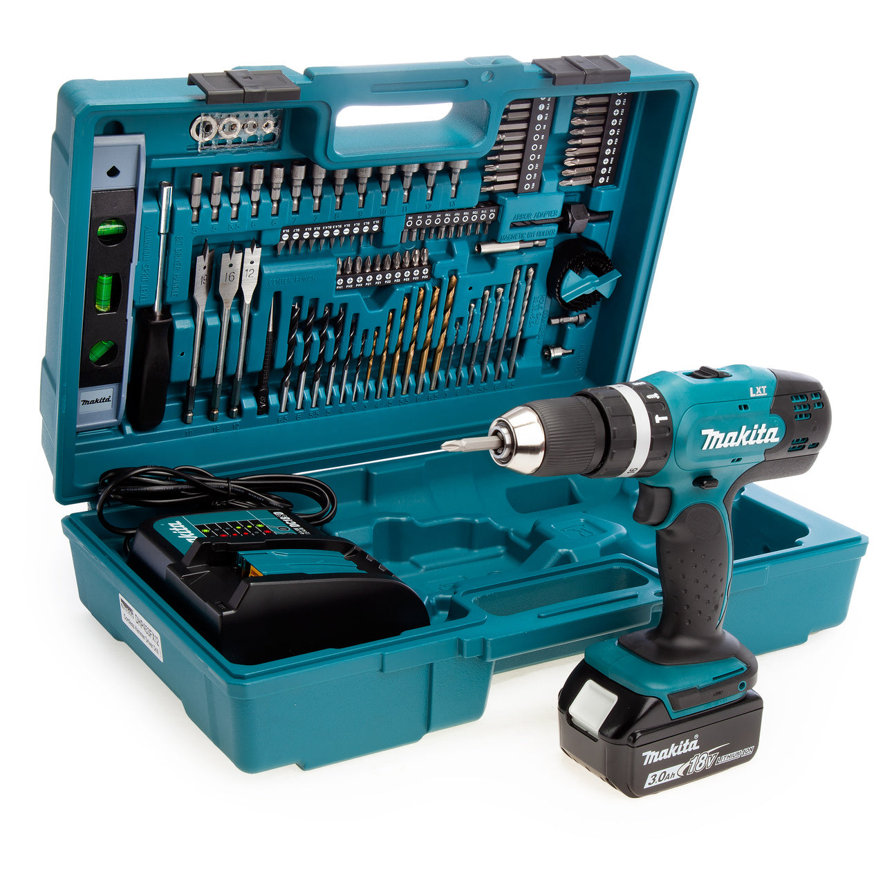 Makita DHP453 18V Li-ion Combi Drill with 101 Piece Accessory Set with 1 x 3.0Ah Battery